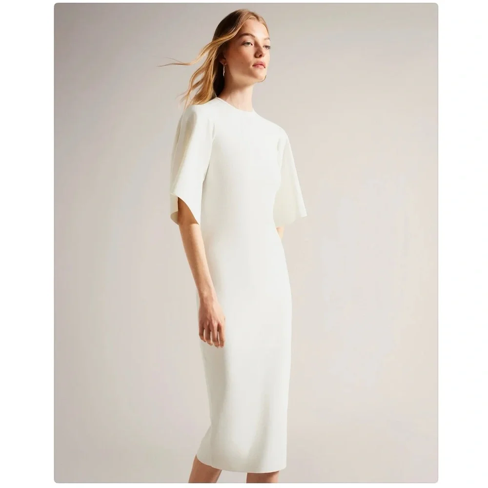 New - Ted Baker London Lounia Fluted Sleeve Body-Con Dress in White Size 1 - Picture 4 of 16